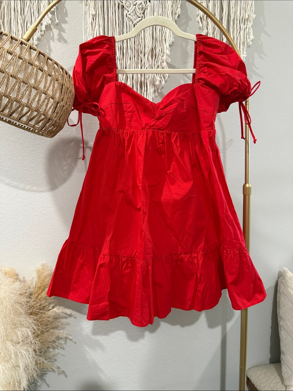 Olivaceous Red Puff Sleeve Mini Dress